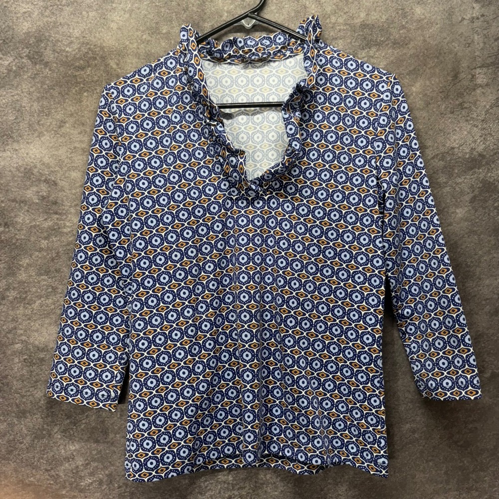 J.McLaughlin Durham Ruffle Collar Top Size S Blue 3/4 Sleeve Catalina Cloth